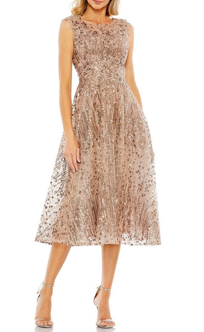 NWT Mac Duggal Bronze Sequin Embellished Sleeveless Midi Dress in Champagne